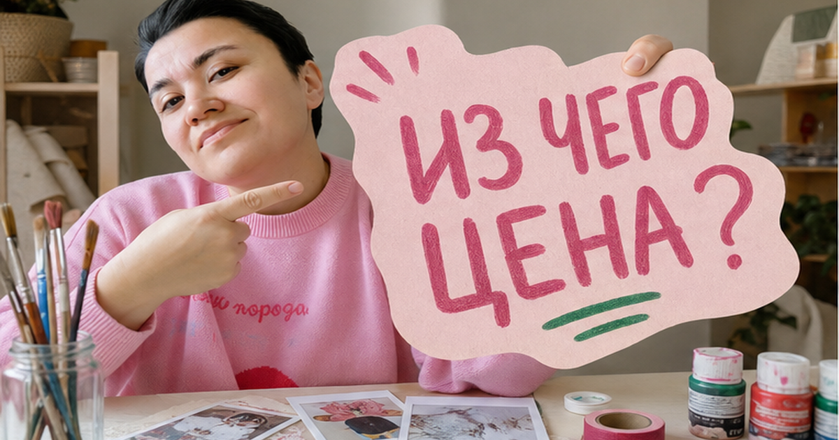 Алина с кистью у стикера «ИЗ ЧЕГО ЦЕНА?» — разбор стоимости ручной росписи на одежде