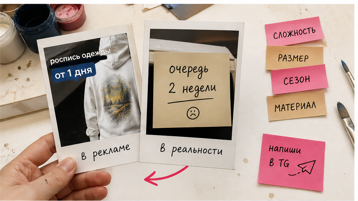 Сравнение рекламы «от 1 дня» и реальной очереди — поляроиды на столе мастера