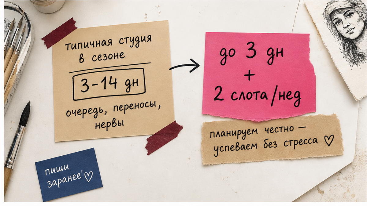 Сравнение сроков студий и ориентира до 3 дней на рукописных стикерах