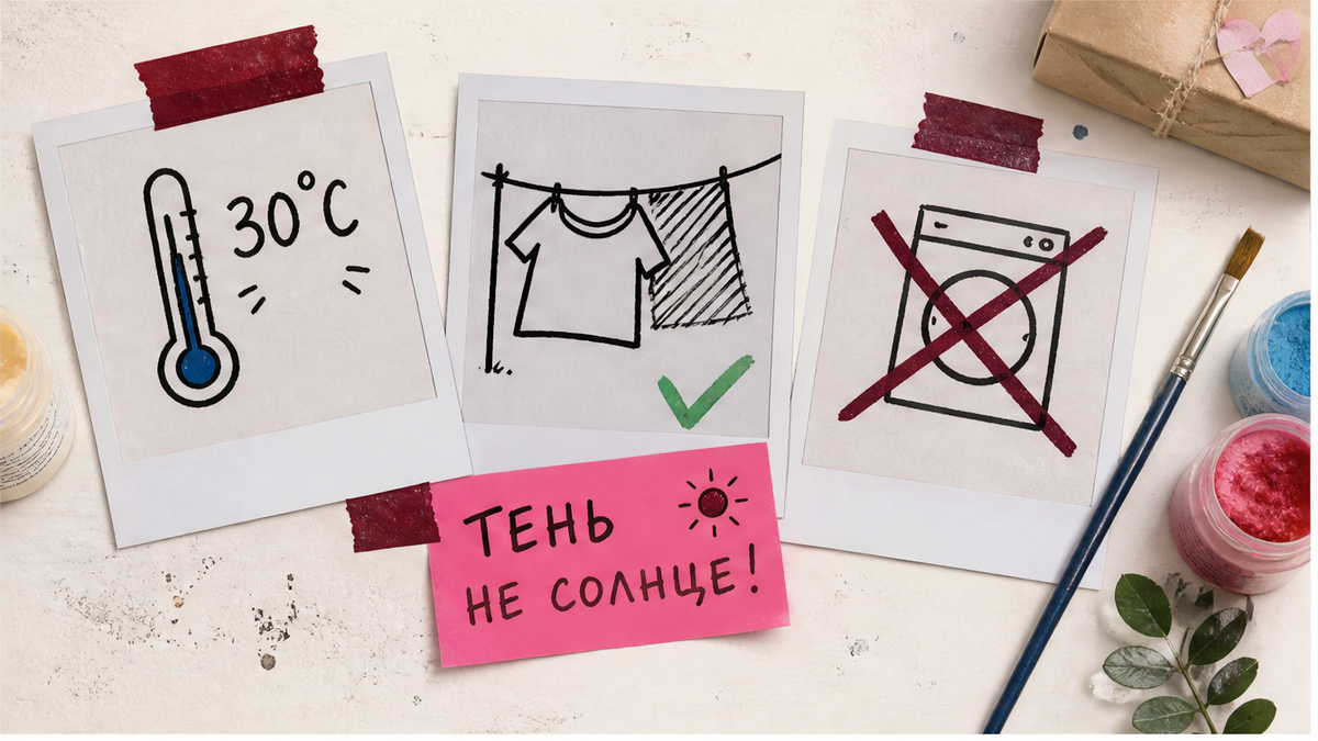 Чек-лист стирки 30°C и сушки в тени — стикеры на столе