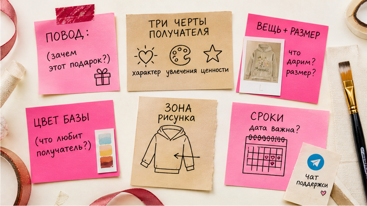 Мини-опрос для подарочного брифа на рукописных стикерах — повод, характер и вещь