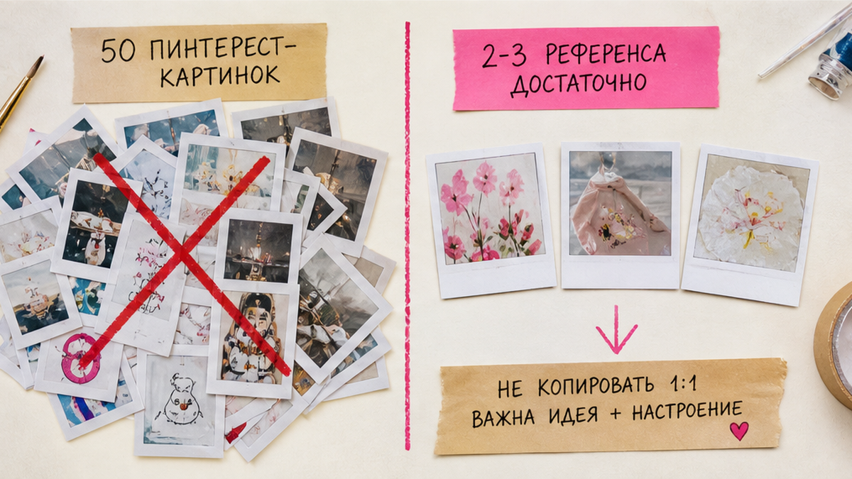 Сравнение хаоса из 50 референсов и moodboard из двух-трёх картинок
