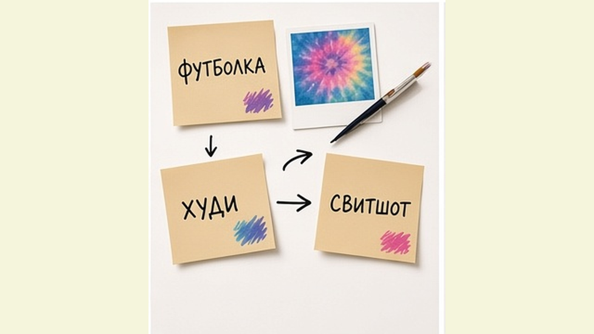Выбор изделия для тай-дая в подарок — футболка, худи или свитшот на рукописных стикерах