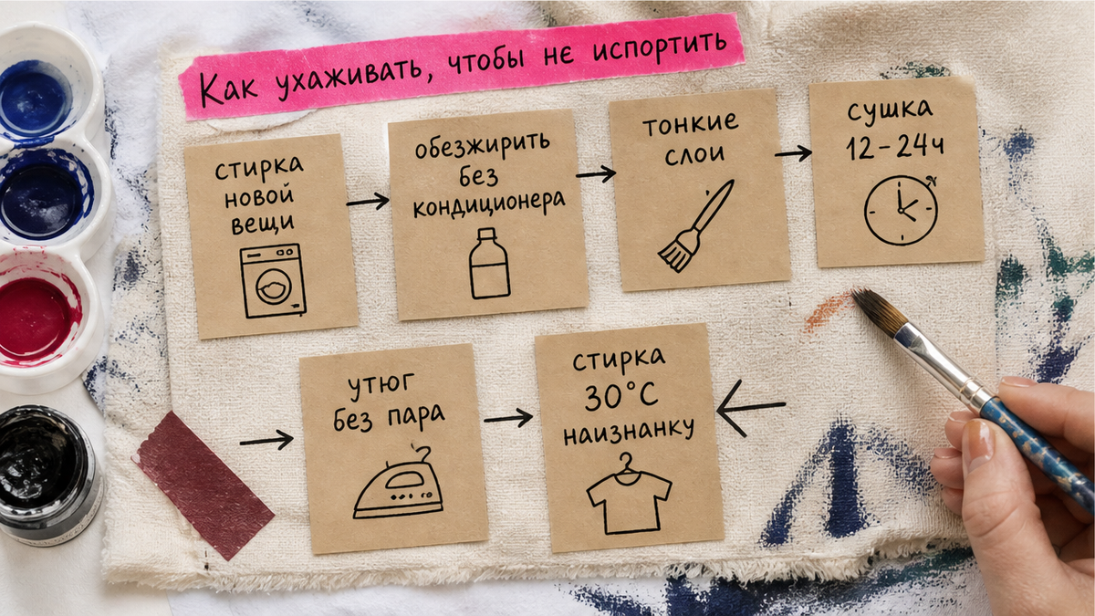 Схема фиксации росписи на ткани — рукописные стикеры с шагами утюга и сушки